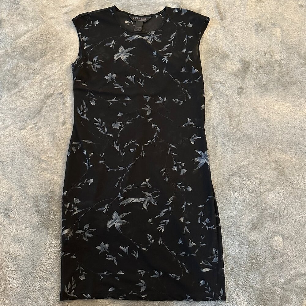 Vintage 90s Y2K Express Sheer Slip Dress Cap Sleeve Black Floral Women's 9/10